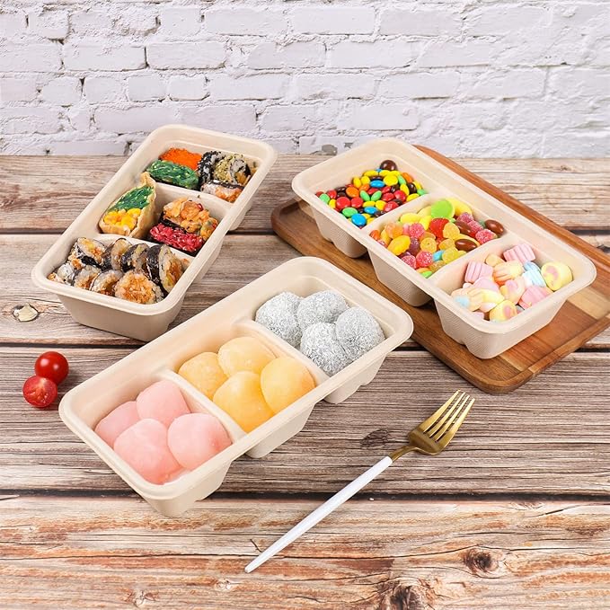 disposable paper bowls 35 oz 3 compartments with lids, Sugarcane For Snack, Dessert, Meal Prep 50 Pack