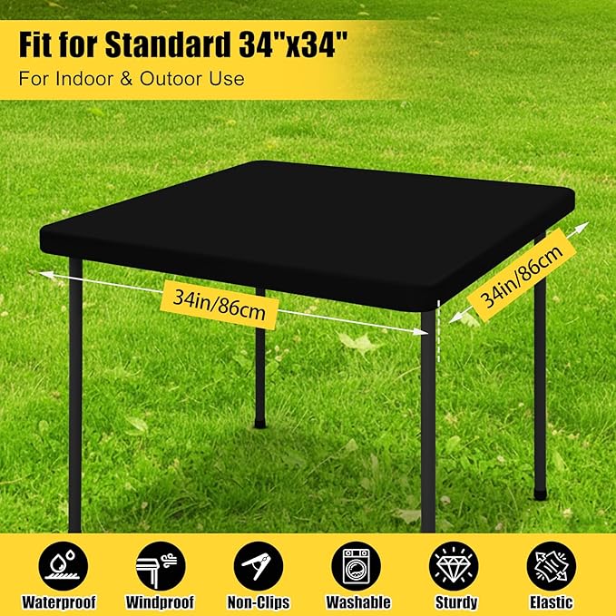 Smiry Square Picnic Table Cloth, Waterproof Elastic Fitted Tablecloths for 3 Foot Tables, Washable Polyester Table Cover for Camping, Indoor and Outdoor (Black, 34"x34")