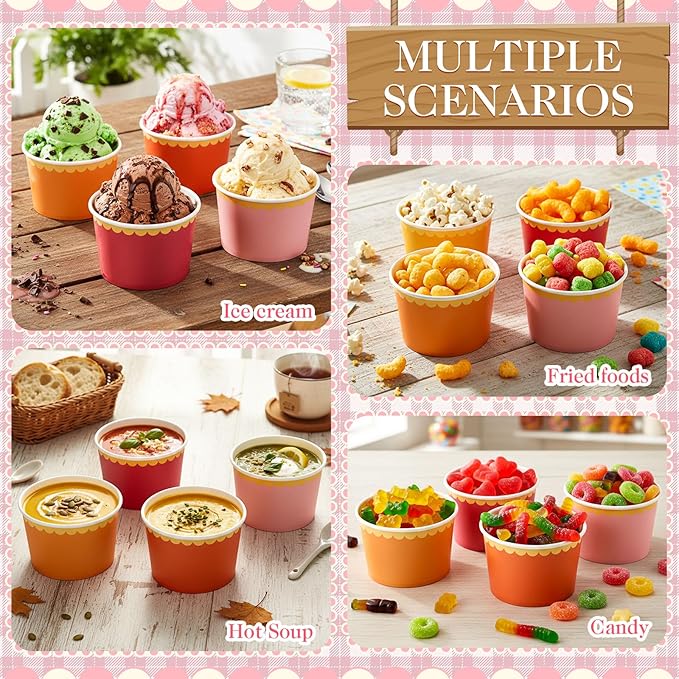 Zopeal 48 Pcs Pink and Orange Disposable Ice Cream Bowls 9oz Pink and Orange Gradient Color Paper Snack Cups with Gold Scallop for Parties, Weddings, Baby Showers, Desserts, Yogurt, and Salads