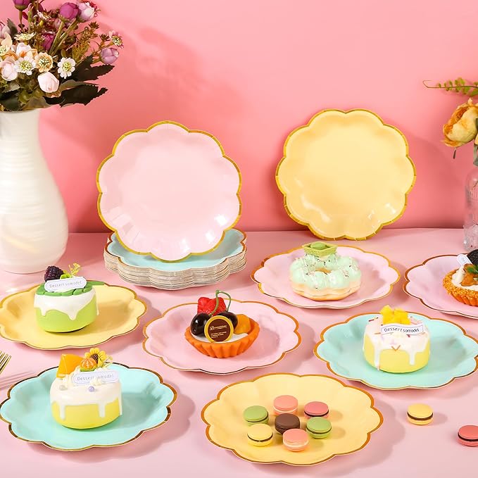 24 Pcs Pastel Scalloped Paper Plates 7 Inch Disposable Macaron Colorful Dessert Plates with Gold Edge Gradient Rainbow Party Supplies for Wedding Birthday Baby Shower Bridal Summer Decorations
