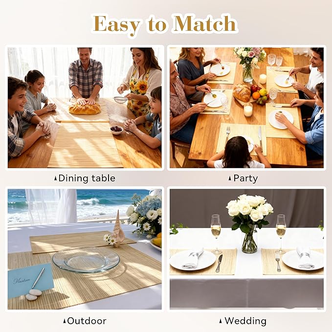 4-Pack Bamboo Placemats,Woven Heat-Resistant Rectangular Table Mats, Natural Dining Place Mats, Rustic Japanese Style Wood Mats for Indoor Dining, Kitchen and Party Use, Beige