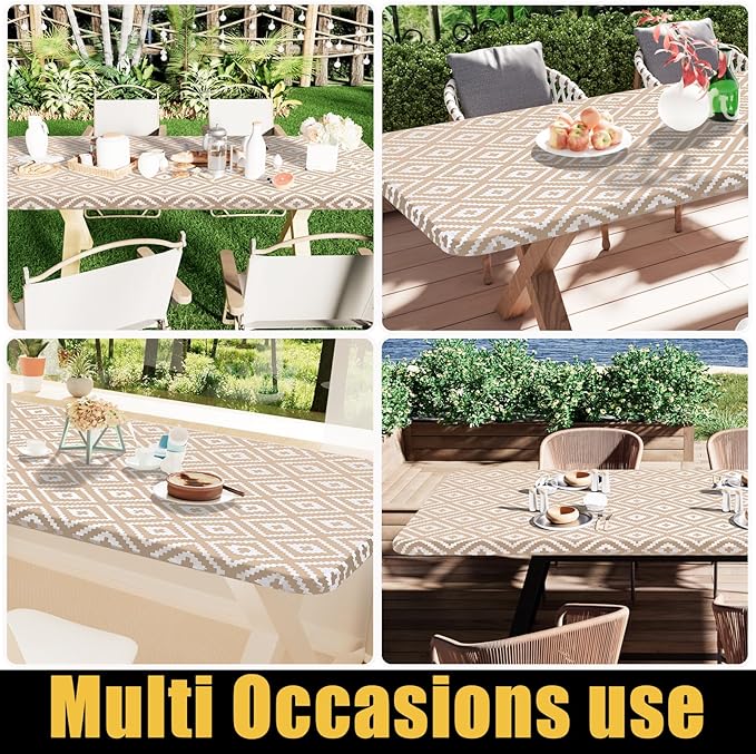 Smiry Rectangle Table Cloth Cover, Waterproof Elastic Fitted Picnic Tablecloth for 8 Foot Tables, Wipeable Flannel Backed Vinyl Tablecloths for Camping, Dining, Outdoor (Khaki, 30" x 96")