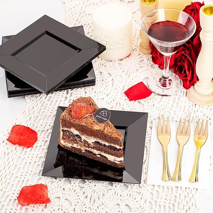 supernal 200pcs Black Dessert Plates with 100pcs Gold Dessert Forks,100pcsElegant Appetizer Salad Plastic Plates,Black Square Cake Plates for Party,Birthday, Wedding,Afternoon Tea