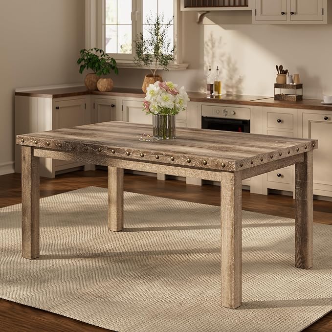 Morden Fort Farmhouse Rectangular Wooden Dining Table, Rustic 60" Kitchen & Dining Room Table with Woodgrain Tabletop, Rivet Accents & Solid Wood Legs