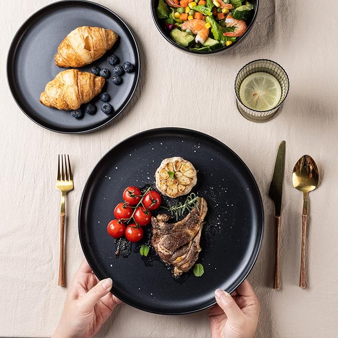 AmorArc Ceramic Dinnerware Sets, Wavy Rim Stoneware Plates and Bowls Sets,Dishwasher & Microwave & Oven Safe Dishes set, Service for 4 (12pc)-Matte Black