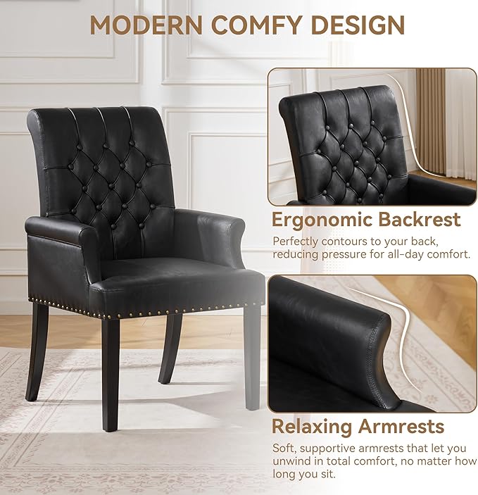 PU Leather Dining Chair with Arms, Upholstered Tufted High Back Dining Room Chairs, Accent Armchair with Solid Wood Leg and Nailhead Trim, Kitchen Dining Living Room, Black