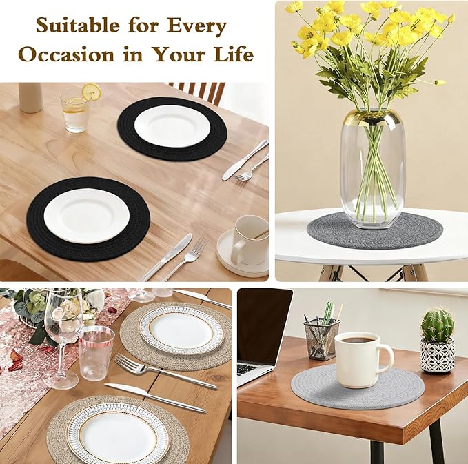 Round Placemats Set of 6 with Holder, Cotton Rope Woven Place Mats, Hot Pads for Kitchen, Heat Resistant Table Mats, 13 Inch Farmhouse Washable Braided Placemat for Kitchen Decor (Brown)
