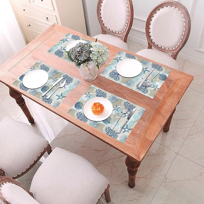 Placemats Set of 6 Aqua Blue Nautical Place Mats Coastal Beach Theme Coral Starfish Woven Table Mats Washable Blue Coral PVC Placemat for Dining Kitchen Decor Indoor Outdoor, 12 x 18 Inch