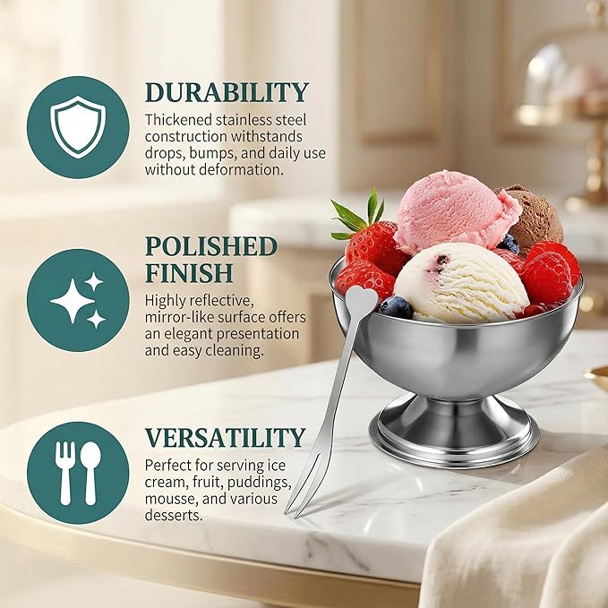 4 Pcs Stainless Steel Ice Cream Bowls Footed Dessert Cups for Sundae Parfait Yogurt Pudding Cake Salad Fruit Snacks Home Kitchen Use