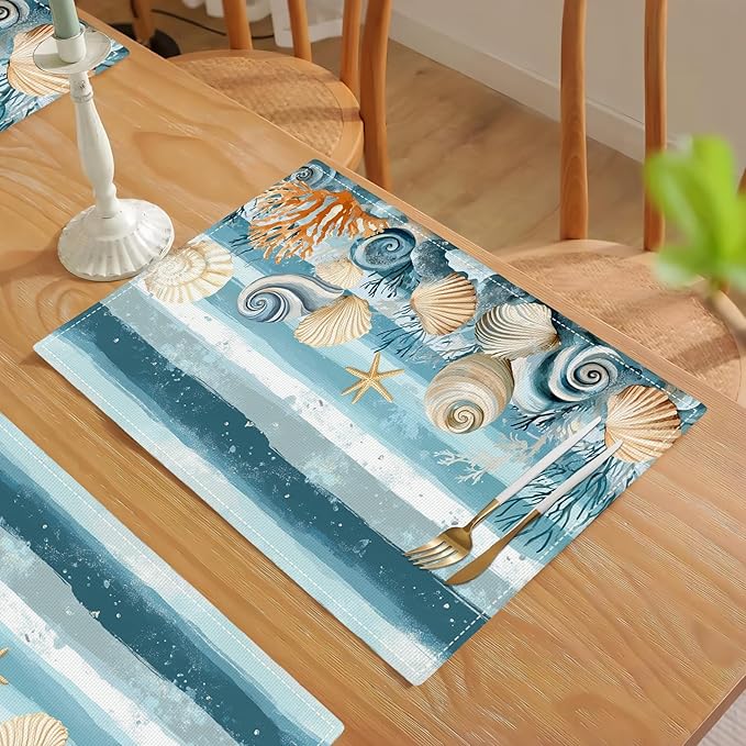 Ocean Seashell Placemats Set of 6, Beach Starfish Place Mats, Coastal Marine Life Waterproof Washable Table Mats for Home Party Indoor Kitchen Dining Table Decoration 12x18 Inch