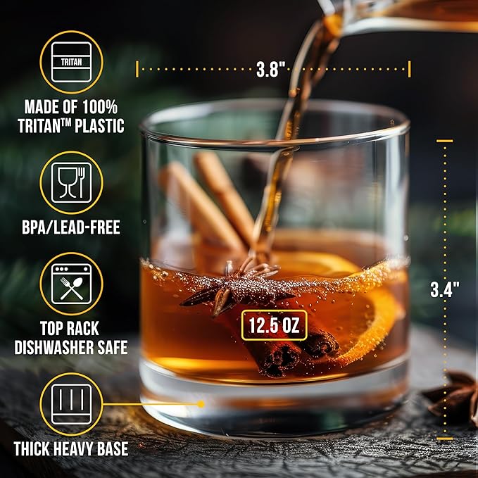 Unbreakable Tritan Plastic Whiskey Glasses | Shatterproof Double Rocks | Dishwasher-Safe | BPA-free | Perfect for Cocktail Bourbon | 12.5 oz, Set of 8