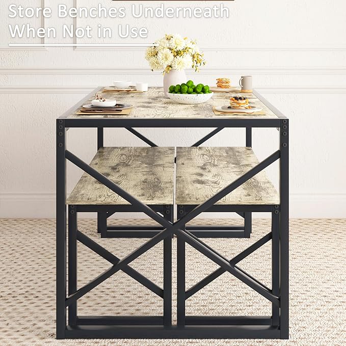 VECELO Kitchen Dining Table Sets for 6, 55" Wood Dinette 2 Benches with Metal Frame for Dinner Breakfast Nook and Small Space, Grey