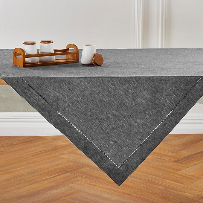 Solino Home Linen Tablecloth 52 x 52 Inch - 100% Pure Linen Charcoal Grey Square Tablecloth - Milan Hemstitch, Machine Washable Table Throw for Winter