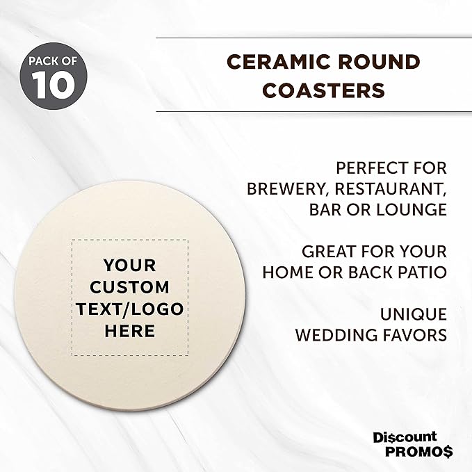 DISCOUNT PROMOS Custom Ceramic Coasters Set of 10, Personalized Bulk Pack - 4 Inches with Cork Bottom Pad, Perfect for Hotel, Bar, Restaurant - Natural