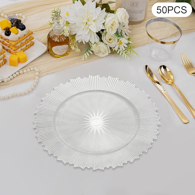 50 Pcs Antique Charger Plates Bulk, 13in Reusable Serving Plates Embossed Rim Plastic Party Dinner Plate Chargers Round Decorative Server Plate for Wedding Party Event Tableware