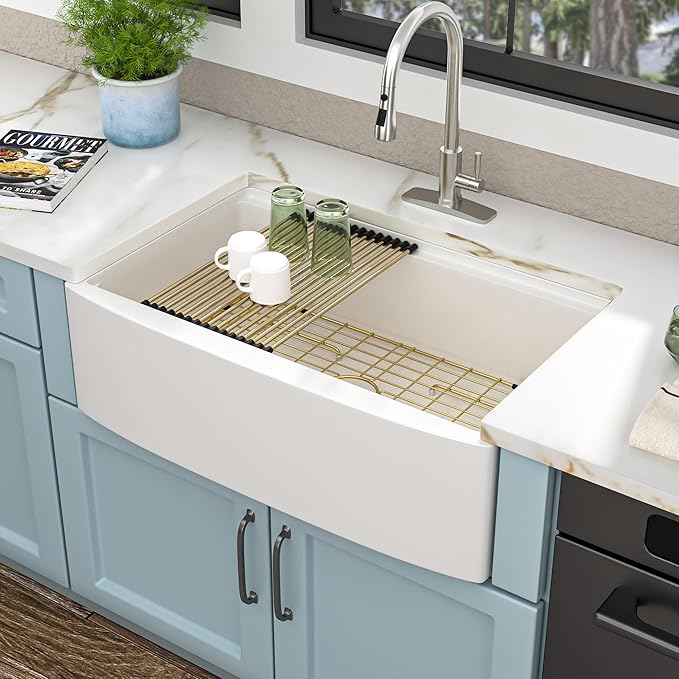 33"x21" White Farmhouse Sink Workstation - Curved Apron Front with Slide Ledge White Ceramic Porcelain Fireclay Single Bowl Luxury Farm Kitchen Sink Basin