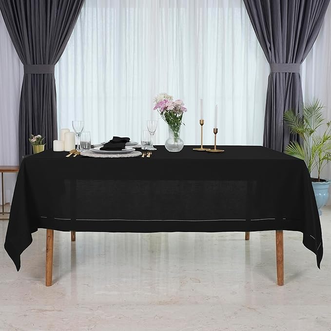 D'Moksha Homes Black Linen Tablecloth for Rectangle Tables 60 x 132 Inch - 100% Pure Linen Black Table Cloth - Classic Hemstitch, Machine Washable Dining Tablecloth for Spring, Easter