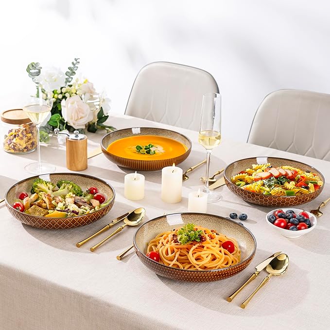 GBhome 9.5'' Large Pasta Bowls, 42 Ounce Stoneware Salad Bowls for Kitchen, Ceramic Serving Bowls With Textured Pattern for Pasta,Fruit, Stews,Noodle, House-warming Gift, Set of 4-Caramel