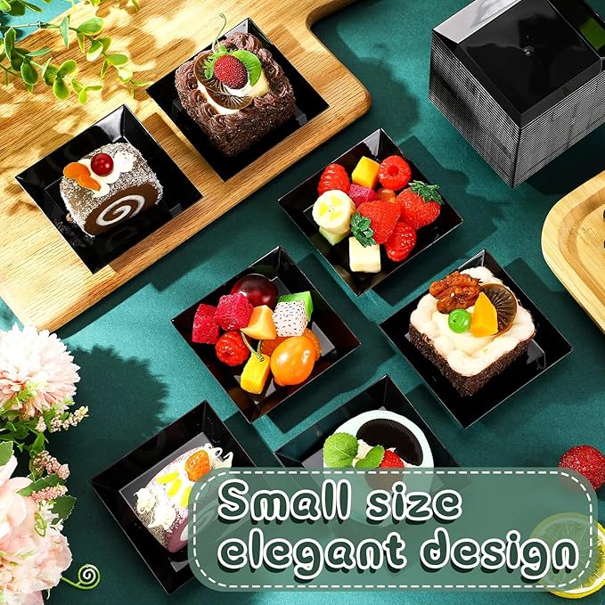 Zhehao 100 Pcs Plastic Dessert Appetizer Plates Disposable, 3.6 x 3.6 Inch Small Square Plastic Dessert Cake Plate for Party, Valentine's Day Wedding Birthday Bridal Baby Shower Supplies (Black)