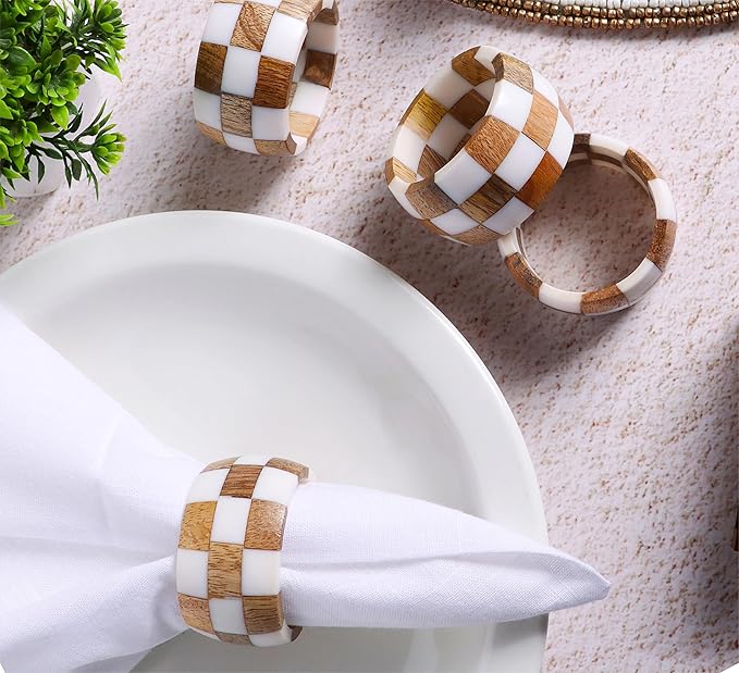 ALPHA Living HOME Rustic Napkin Rings Setof 12 - Handmade Epoxy & Wood Napkin Holders for Table Decor, Wedding, Easter, Thanksgiving, Party & Dining – Modern Farmhouse Accessories (Brown Cream)