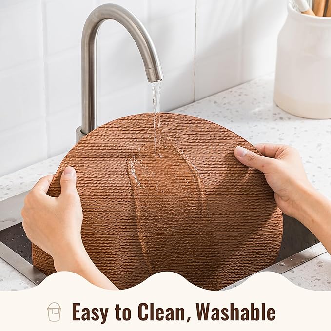 Jovono 15" Faux Leather Big Round Placemats Set of 6 - Washable Heat Resistant Non-Slip Dining Table Mats with Fabric Texture for Kitchen Home Party Decor, Brown