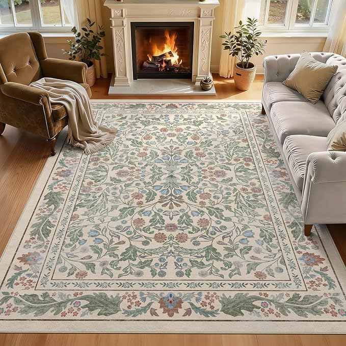 Beige Floral 5x7 Area Rugs for Living Room Large Washable Rug Vintage Forest Low Pile Non Slip Stain Resistance Soft Carpet for Dining Room, Bedroom, Office Rug, Kids Room, Nursery Room, Playroom