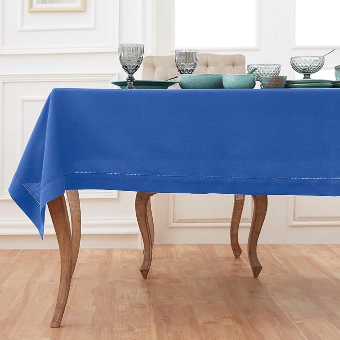 Solino Home Linen Tablecloth for Rectangle Tables 60 x 120 Inch - Classic Hemstitch 100% Pure Linen Royal Blue Table Cloth - Machine Washable Cloth Tablecloth for Spring
