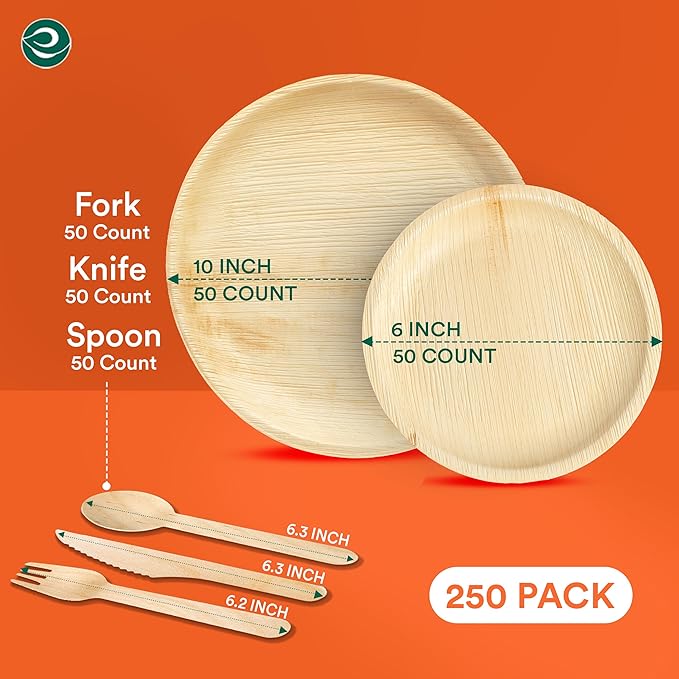 ECO SOUL 100% Compostable Palm Leaf Dinnerware Set of 250 For 50 Guests [10", 6" Round plates, Fork, Knife, Spoon, 50 Count each] | Biodegradable Disposable Utensils for Wedding, Parties, BBQ
