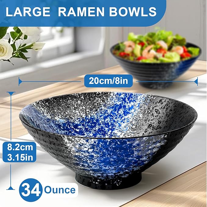 8-Inch Ceramic Ramen Bowl Set of 4 (17 Piece) - Porcelain Japanese Salad Noodles Cereal Fruit Pasta Soup Large Bowls with Recipes Chopsticks Forks Spoons for Men Women Gift Microwave Dishwasher Safe