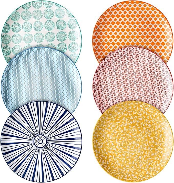 Selamica 8 inch Porcelain Dinner Plates, Large Size Serving Plate for Salad, Pancakes, Steak, Set of 6, Assorted Colors