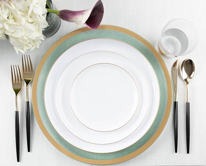 [30 Pack 8.6''] White Plastic Party Plates With Gold Rim Edge Collection Premium heavyweight Elegant Disposable Tableware Dishes