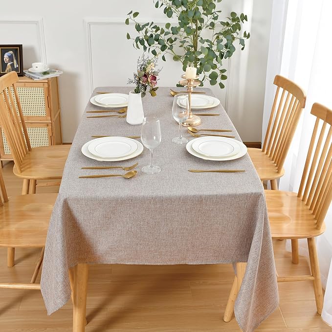 JIUZHEN Faux Linen Farmhouse Tablecloth Rectangular, Wrinkle Stain Resistant Table Cloth Rectangle Table Cover for Kitchen Dining, Holiday Party Dinner, Stone, 60 x 84 Inch