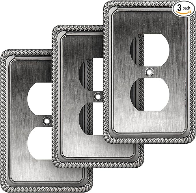 Henne Bery Rope Edge Decorative Wall Plate Switch Plate Outlet Cover (Single Duplex, 3 Pack, Heirloom Silver)