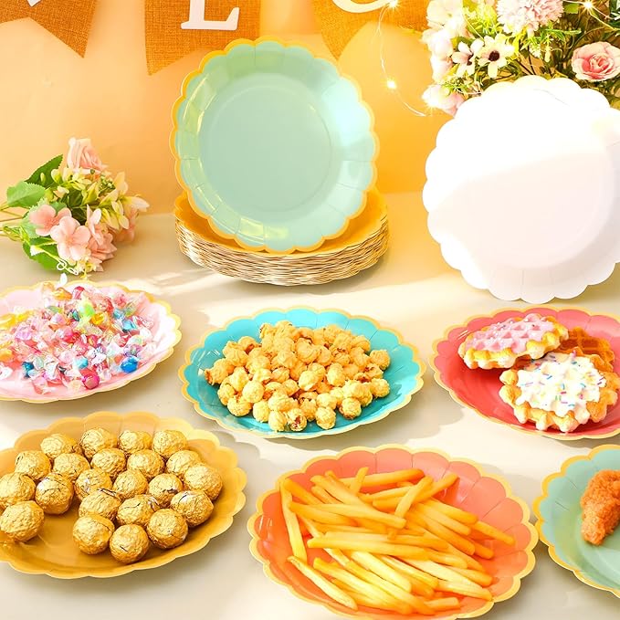 96 Pcs Colorful Coral Paper Plates 9 Inch Pastel Rainbow Scalloped Paper Plates Disposable Dinner Dessert for Birthday Wedding Bridal Party Supplies, 6 Colors