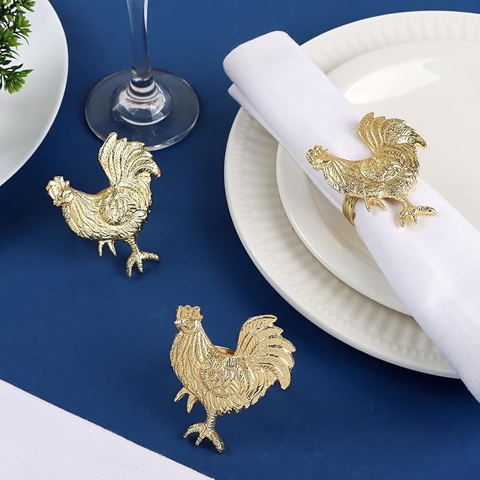 CLEENTABLE Napkin Rings Set of 12, Metal Napkin Holder Cuffs for Dinner Table Décor, Thanksgiving Rooster Farmhouse Modern Serviette Rings for Christmas, Weddings, Receptions, Gold