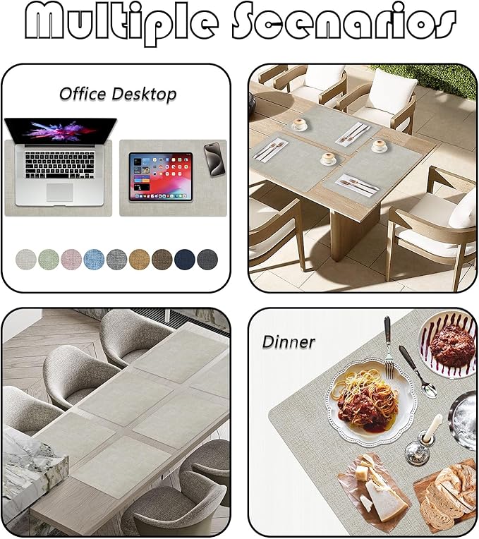 Placemats Set of 6 Faux Leather Heat Resistant Tables Mats Waterproof Oilproof Wipeable Reversible Anti-Slip Place Mats for Kitchen/Dining/Party/Outdoor 11.8" x 16.9", Cream White