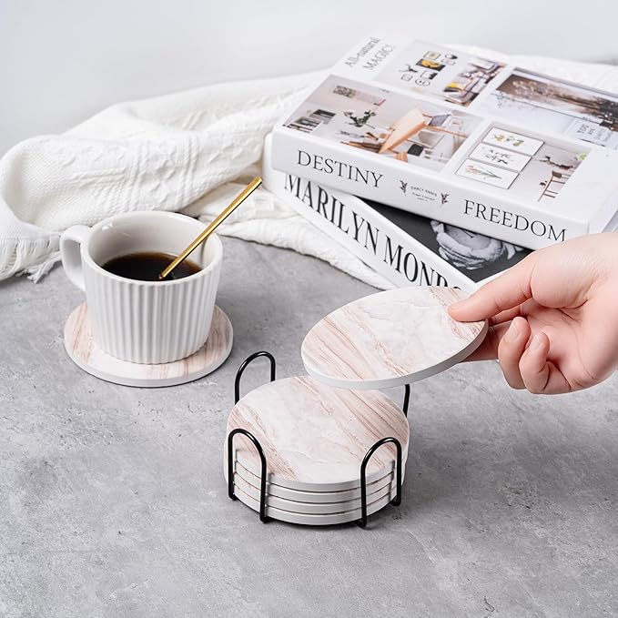 Hoewina 6Pcs Drink Coasters with Holder, Marble Style Ceramic Drink Coaster, Absorbent Coasters Set Suitable for Kinds of Cups, Modern Style Coasters for Coffee Table, 4 Inches（Ocean Style）