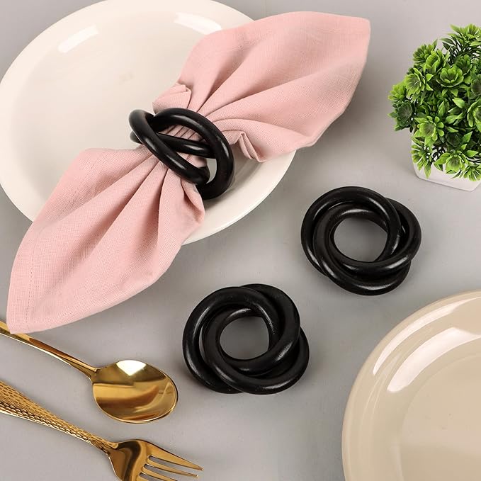 Alpha Living HOM Three Ring Wooden Napkin Rings Set of 12 - Napkin Holder Cuffs for Dinner Table Décor - Rustic Modern Serviette Rings for Weddings, Parties, Receptions, Banquets (Black)