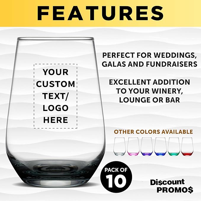 DISCOUNT PROMOS 10 Vaso Silicia Stemless Wine Glasses Set, 16 oz. - Personalized Text, Logo - Clear, Orb-Like, Thick base - Black