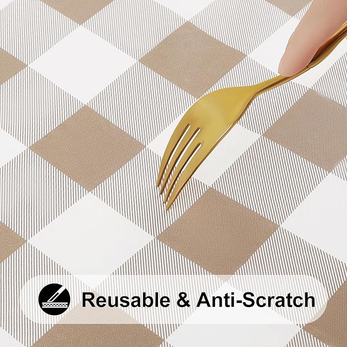 Smiry Rectangle Picnic Table Cloth, Elastic Waterproof Fitted Vinyl Tablecloths, Flannel Backed Buffalo Plaid Table Covers for Dining, Camping, Outdoor (White and Khaki, 30" x 60")