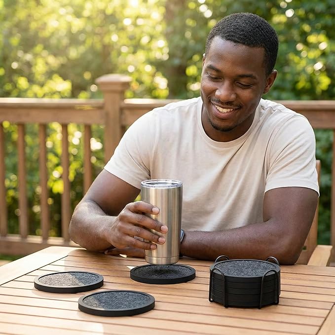 Absorbent Coasters for Drinks with Holder - 6packs, Silicone Coaster with Soft Felt Insert (4.3 inch Coasters with 4.5 inch Holder, Black and White)