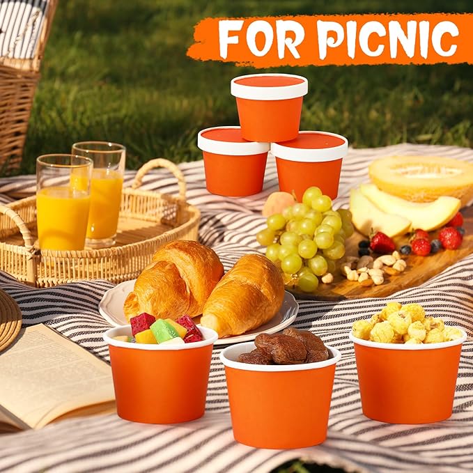Fulmoon 100 Pack Paper Soup Containers with Lids Disposable Paper Food Containers with Vented Lid Kraft Ice Cream Cake Dessert Cups Soup Bowl for Party Hot Food Fruit Microwave(8 oz,Orange)