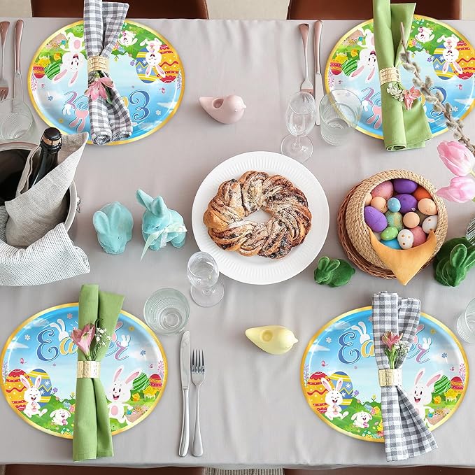Happy Easter Oval Paper Plates 10" x 12" Serve 50, Floral Easter Party Supplies with Cute Bunny Chick Colorful Eggs Disposable Bunny Paper Dinnerware Set for Spring Holiday Birthday Party Baby Shower