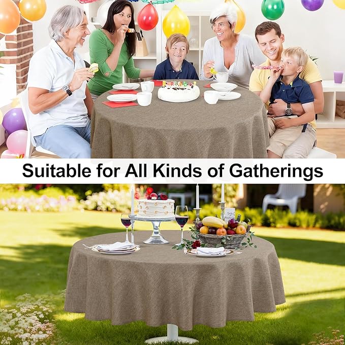 JIUZHEN Round Table Cloth Faux Linen Farmhouse Tablecloth Wrinkle & Stain Resistant Table Cover for Kitchen Dining, Holiday Party Dinner, Khaki, 60 Inch Round