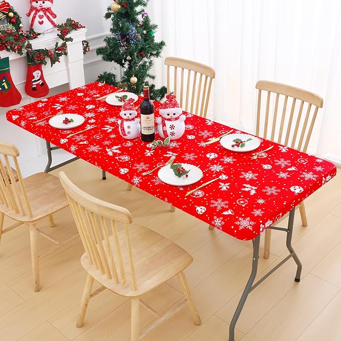 Smiry Plastic Christmas Tablecloth, Snowflake Wipeable Flannel Backed Vinyl Tablecloth, Waterproof Elastic Fitted Table Cover for Christmas Dinner, and New Year Celebration (White & Red, 30x72 Inches)