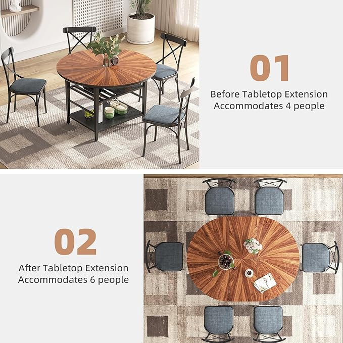 VFK 47.2"-63" Extendable Round Dining Table Set for 4–6, Solid Wood & Metal Table with Wine Rack Storage Shelf, Walnut Kitchen Furniture with 4 Upholstered Chairs (Storage Table and 4 Black Chairs)