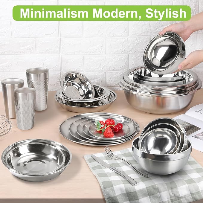 Stainless Steel Bowls, 4 Pack 7in 52.4oz 1550ml Large SUS304 Double Wall Insulated Stackable Metal Hot Soup Bowl Containers for Dishes Serving Cereal Snacks Ice Cream Food Rice Salad