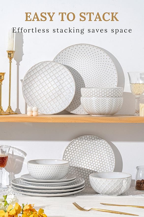 24-Piece Ceramic Dinnerware Set,Large Plates and Bowls Set for 6,Elegant Dish Set for Families & Entertaining–Microwave & Dishwasher Safe Tableware (Double Bowl)