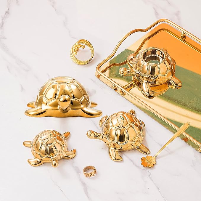 Golden Turtle Statue Set,Sculptures Gold Turtle Ornament Ceramic Statue Home Accessories Gold Desk Home Indoor Decorative Collectible Decor or Elders (3 Pieces)