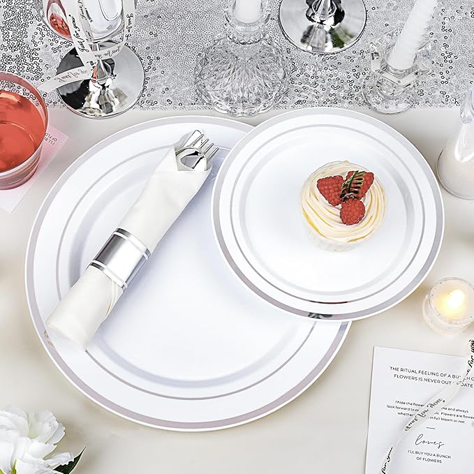350 PCS White and Silver Plastic Dinnerware Set for 50 Guests, 100 Disposable Plates for Party, 50 Pre Rolled Napkins with Silver Silverware, 50 Cups